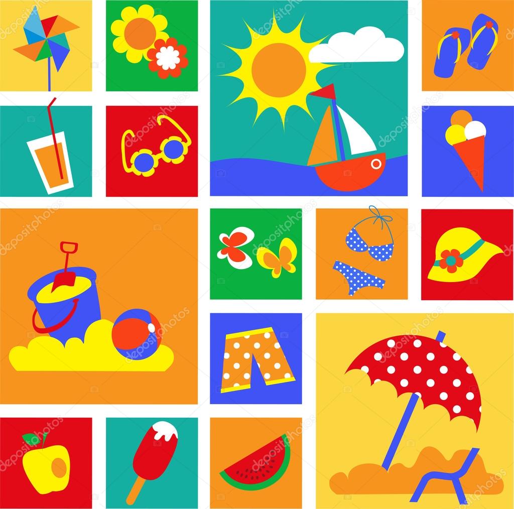 colorful set of summer icons. happy holidays