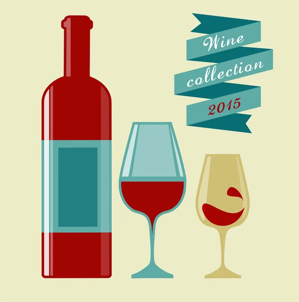 Wine collection 2015, glasses and bottle — Stock Vector