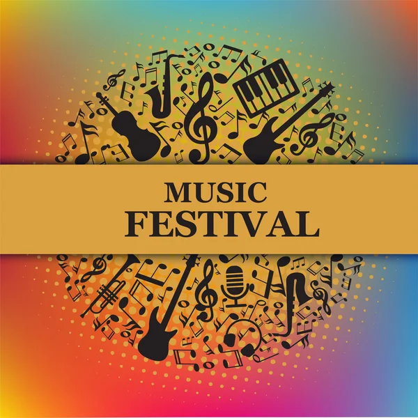 Musikfestival, farbenfroher Hintergrund mit Noten und Instrumenten — Stockvektor