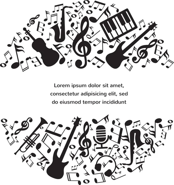 Fondo musical con instrumentos y notas con lugar para su texto — Vector de stock