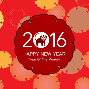 Yılbaşı kartpostal tasarım, kırmızı arka plan, yıl maymun 2016 tasarım, kartpostal, tebrik kartı, afiş, maymun sembolü ile altın metin illüstrasyon vektör