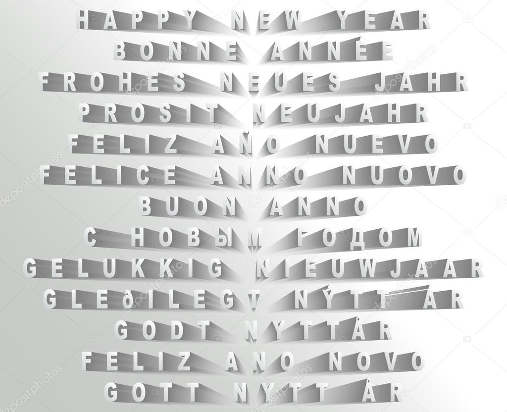 Happy New Year Vector White Blend Design in 11 languages english french german spanish italian russian dutch norwegian danish portuguese