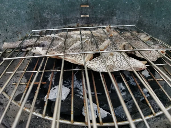 Veduta Dettagliata Del Pesce Alla Griglia Fuoco Carbone Fiamme Cibo — Foto Stock