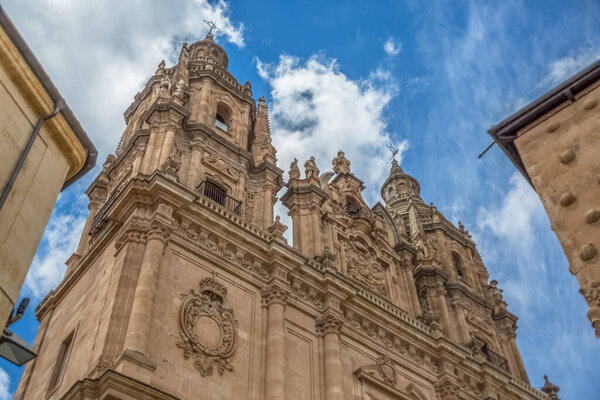 Salamanca / Spain - 05 12 2021: View at the baroque iconic facade at the La Clerecia building, Pontifical university at Salamanca, Universidad Pontificia de Salamanca (UPSA)