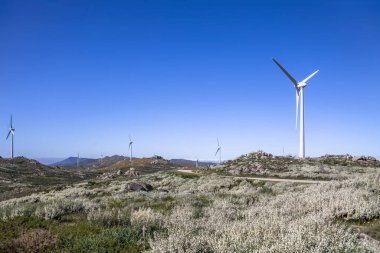 Dağların tepesindeki rüzgar türbinleri, toprak yol, vahşi doğa ve manzara, arka plan olarak mavi gökyüzü....