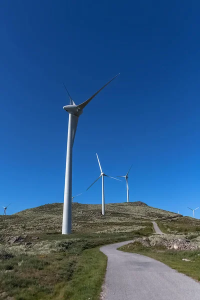 Uitzicht Een Windturbines Top Van Bergen Onverharde Weg Wilde Natuur — Stockfoto