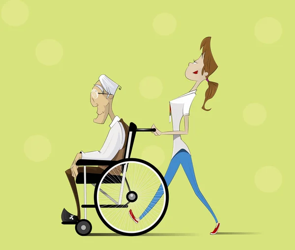 Maatschappelijk werker wandelen met oudere man in rolstoel. — Stockvector