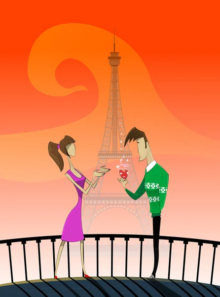 Pasangan kartun dengan Menara Eiffel - Stok Vektor