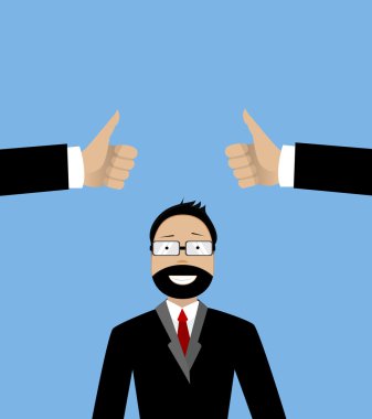 Mutlu işadamı ve başparmak yukarıya ile el.