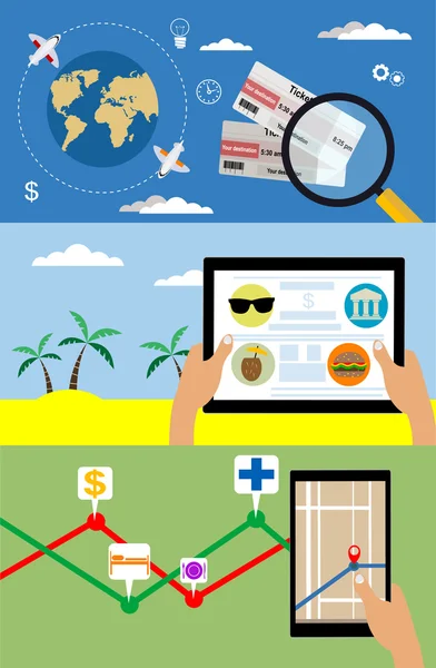 Tres pancartas sobre el tema del turismo y los viajes . — Vector de stock