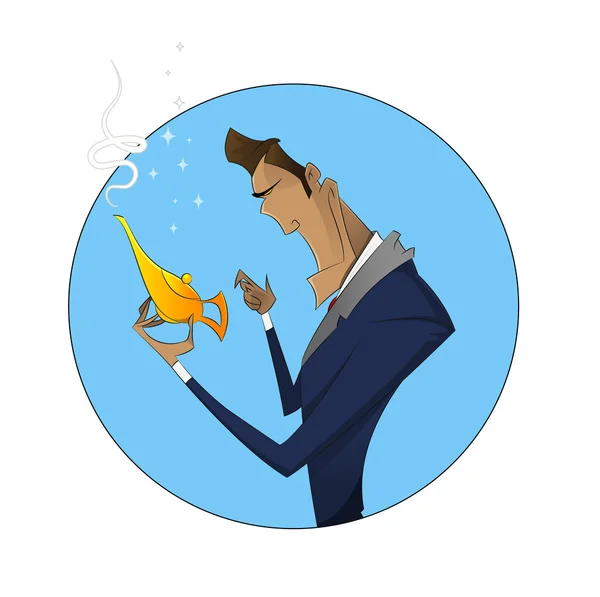 Illustration of cartoon businessman with magic lamp — Stock Vector