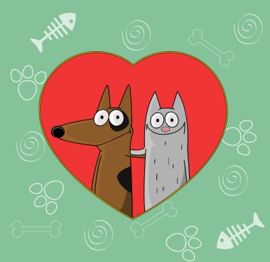 sevimli köpek ve kedi birbirlerine sarılma