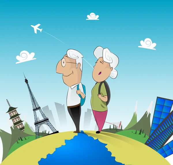 Old couple travel around the world — Stock Vector