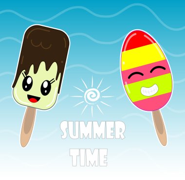 Çizimde tasarım Kawaii çikolata ve meyve dondurma ile.