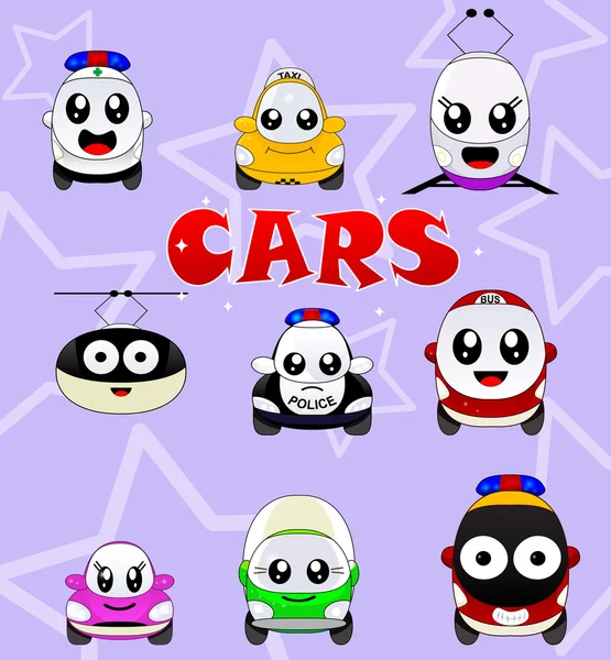 Kawaii iconos lindos como coche, autobús, tren, tranvía y góndola — Archivo Imágenes Vectoriales