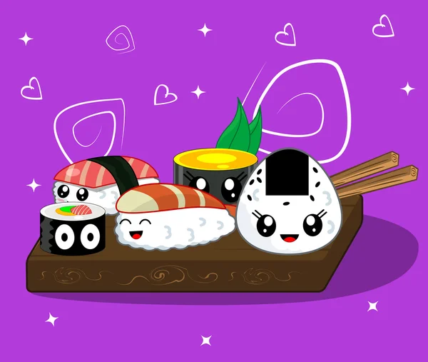 Illustrazione vettoriale di simpatici rotoli di cartoni animati kawaii e sushi — Vettoriale Stock