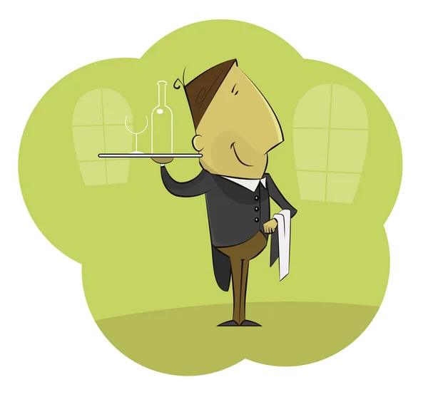 Illustration av cartoon manliga servitör bär bricka med glas vin — Stock vektor