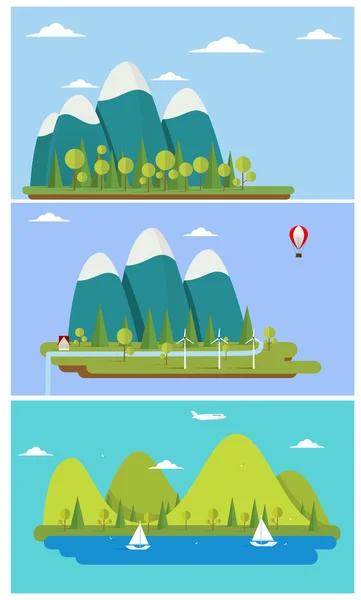 Diseño plano naturaleza paisaje ilustración con sol, colinas y nubes . — Vector de stock