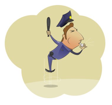 Vektör çizgi film görüntü ve öfkeli polis memuru üniforma ıslık içinde