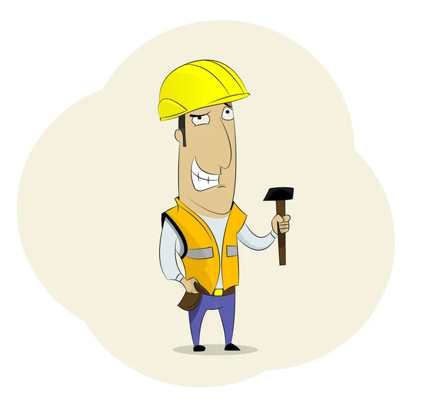 Divertido constructor de dibujos animados en casco y con martillo . — Vector de stock