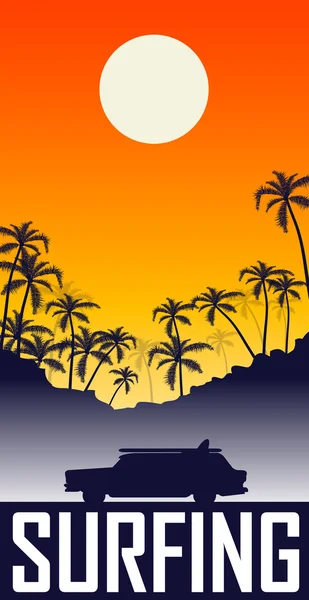 Illustration of summer sunset with palms — Stock Vector