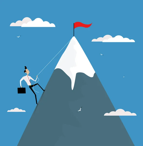 Cartoon businessman climbing mountain with flag on the top — Stock Vector