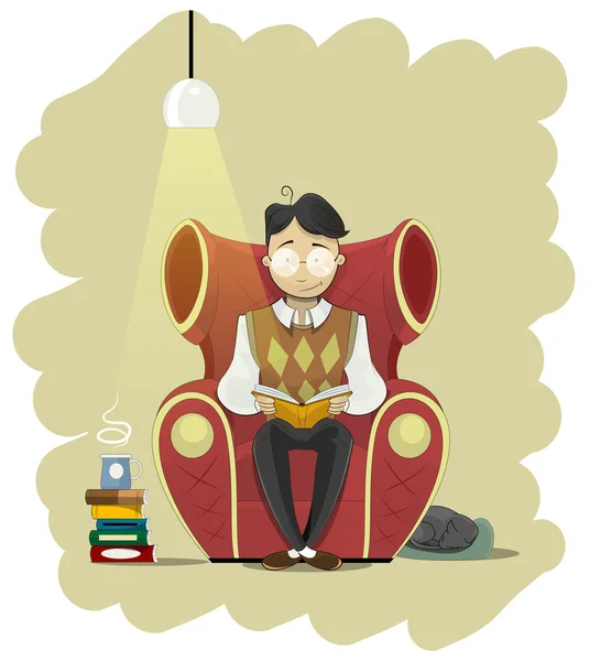 Man in glasses sits in chair and read book — Stock Vector