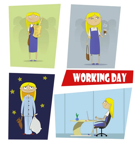 Cuatro divertidas ilustraciones de dibujos animados de la jornada laboral — Vector de stock