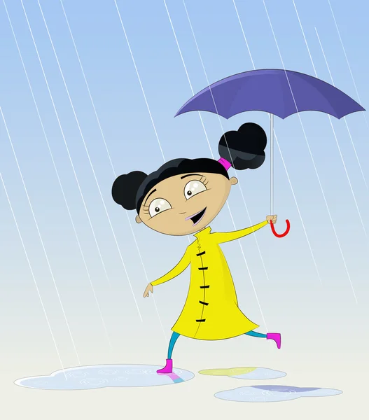 Cartoon meisje onder regen witte geïsoleerde vector — Stockvector