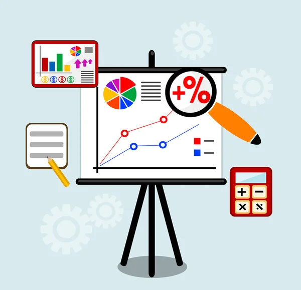 Concetto infografico di illustrazione vettoriale di design piatto con icone serie di moderni elementi di lavoro aziendale, oggetti di documentazione finanziaria e pianificazione finanziaria per il progetto di business di sviluppo . — Vettoriale Stock