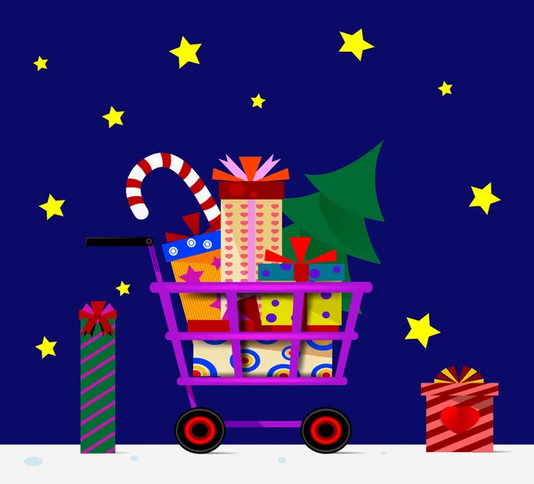 Carro de compras lleno de regalos . — Vector de stock