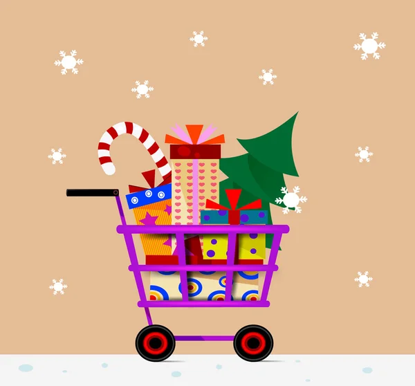 Carro de compras lleno de regalos — Vector de stock