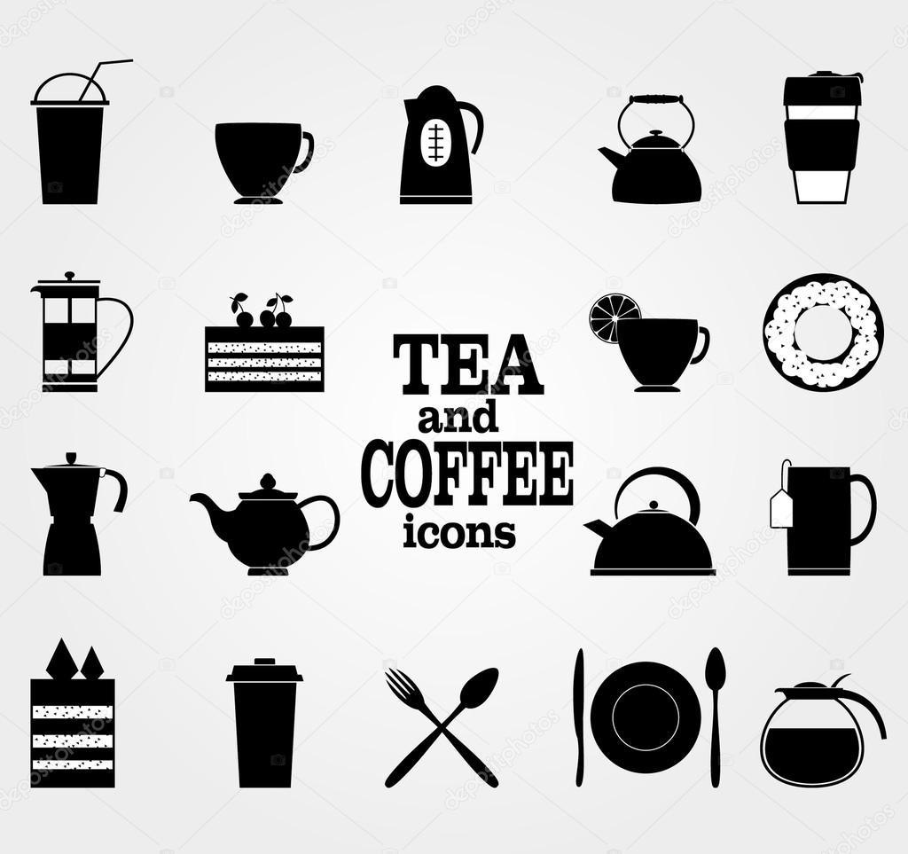 Set of  Black Coffee and Tea Icons. Vector