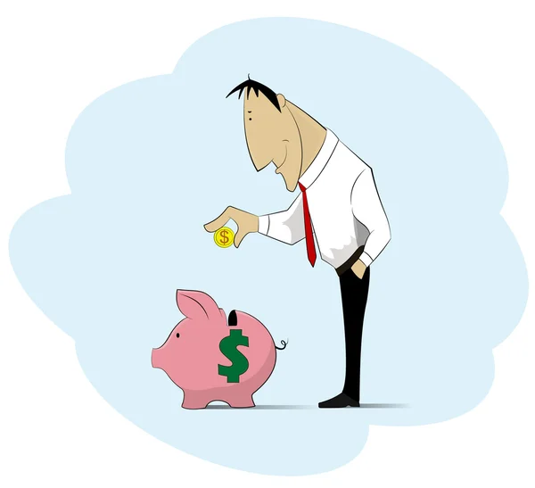 Man collecting money into piggy bank. — Stock Vector