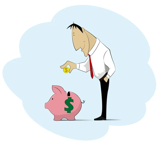 Hombre recogiendo dinero en alcancía . — Vector de stock