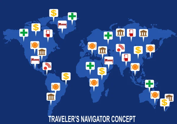 Punteros de mapa con mapa del mundo — Vector de stock