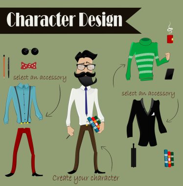 Hipster karakter, vektör çizim hipster elemanları ile