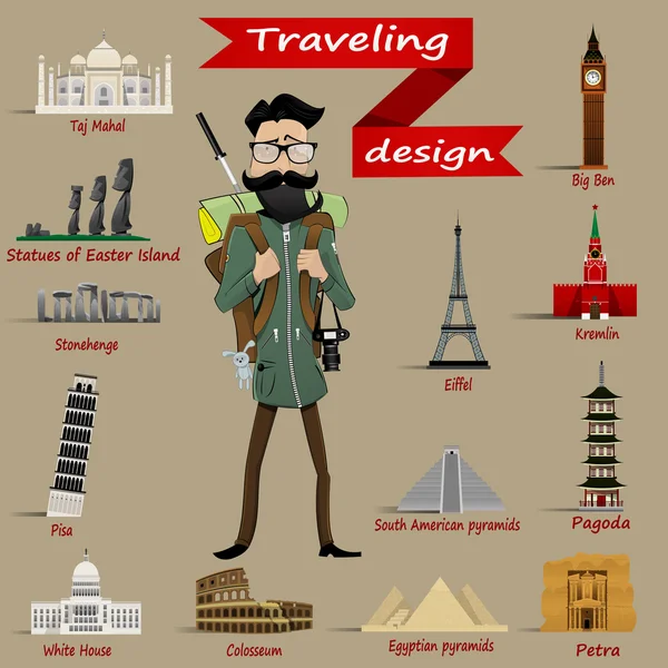 Guy avec sac à dos et icônes de voyage — Image vectorielle