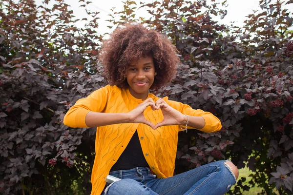 Heureuse Jeune Femme Afro Américaine Montre Cœur Avec Ses Mains — Photo