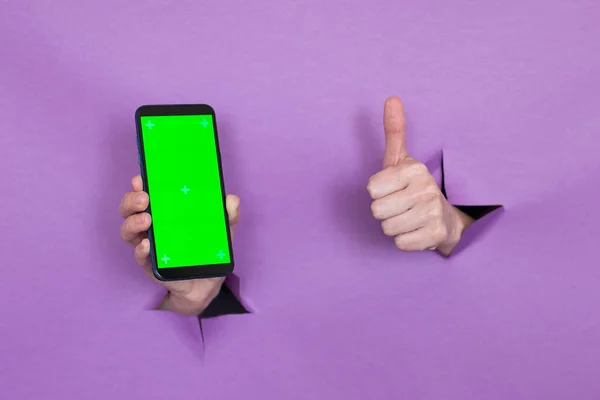 Phone Green Screen Hand Purple Background Hand Gesture Background Hand — Stock Photo, Image