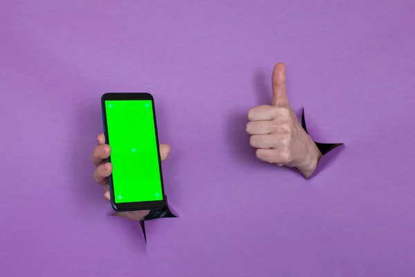 Phone Green Screen Hand Purple Background Hand Gesture Background Hand — Stock Photo, Image