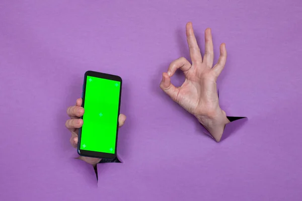 Phone Green Screen Hand Purple Background Hand Gesture Background Hand — Stock Photo, Image