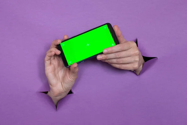 Phone Green Screen Hand Purple Background Hand Gesture Background Hand — Stock Photo, Image