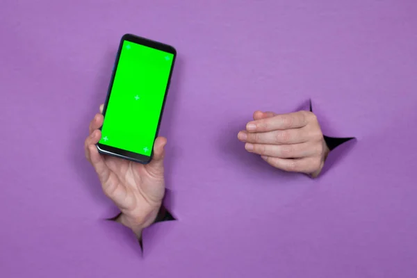 Phone Green Screen Hand Purple Background Hand Gesture Background Hand — Stock Photo, Image