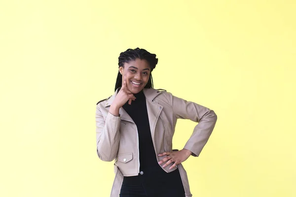 Beautiful Happy African American Woman Yellow Background — Stock Photo, Image