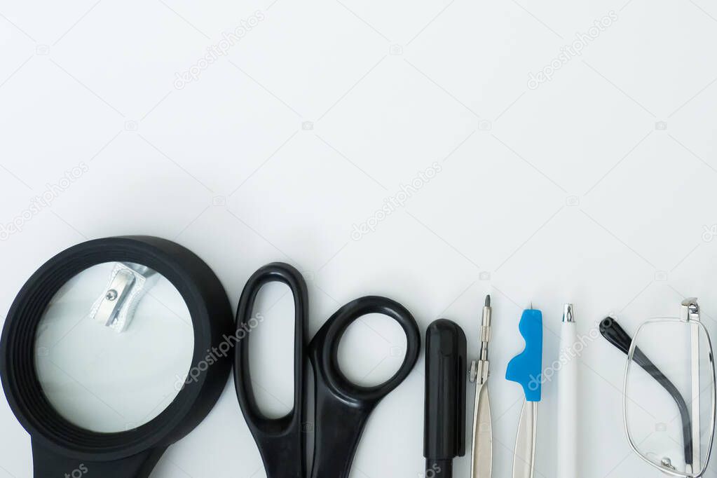 school supplies on a white background, copy space.