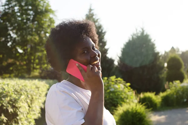 Mujer Afroamericana Feliz Con Teléfono Calle Verano — Foto de Stock