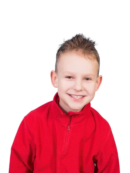 Een Mooie Jongen Glimlacht Een Witte Achtergrond Isoleren — Stockfoto