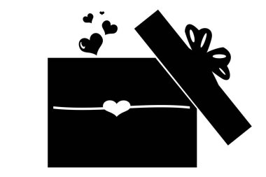 Beyaz arkaplanda kalpleri olan siyah hediye simgesi.