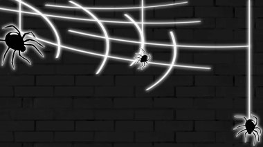 Cadılar bayramı için neon arkaplan, örümcekler tuğla duvar zemininde.